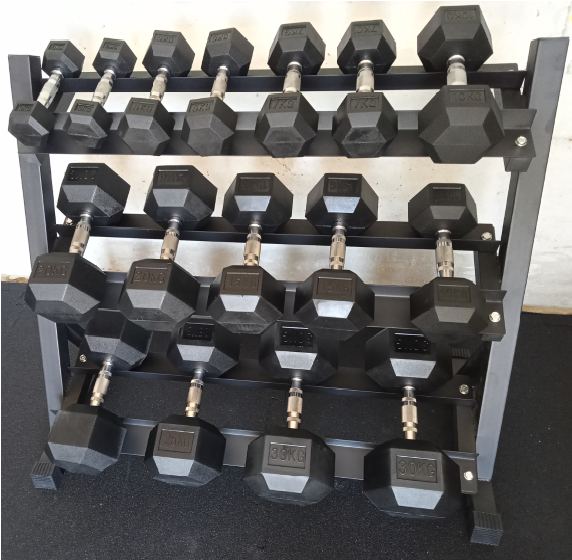 Set gumiranih heksagonalnih ročk 10 - 30 kg s stojalom